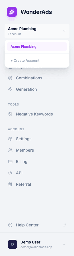 Screenshot of the account switcher in the sidebar