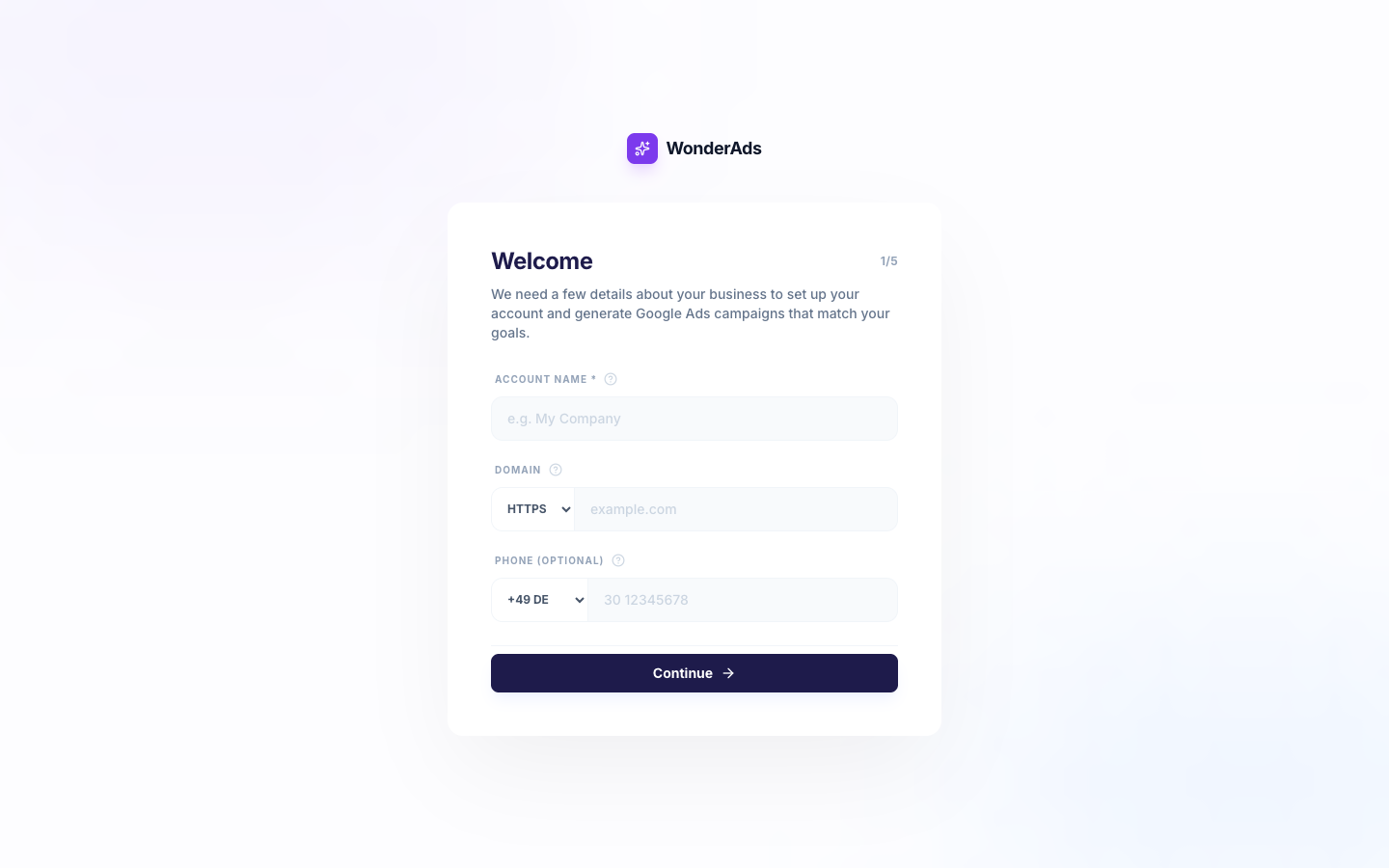 Screenshot of the account onboarding flow