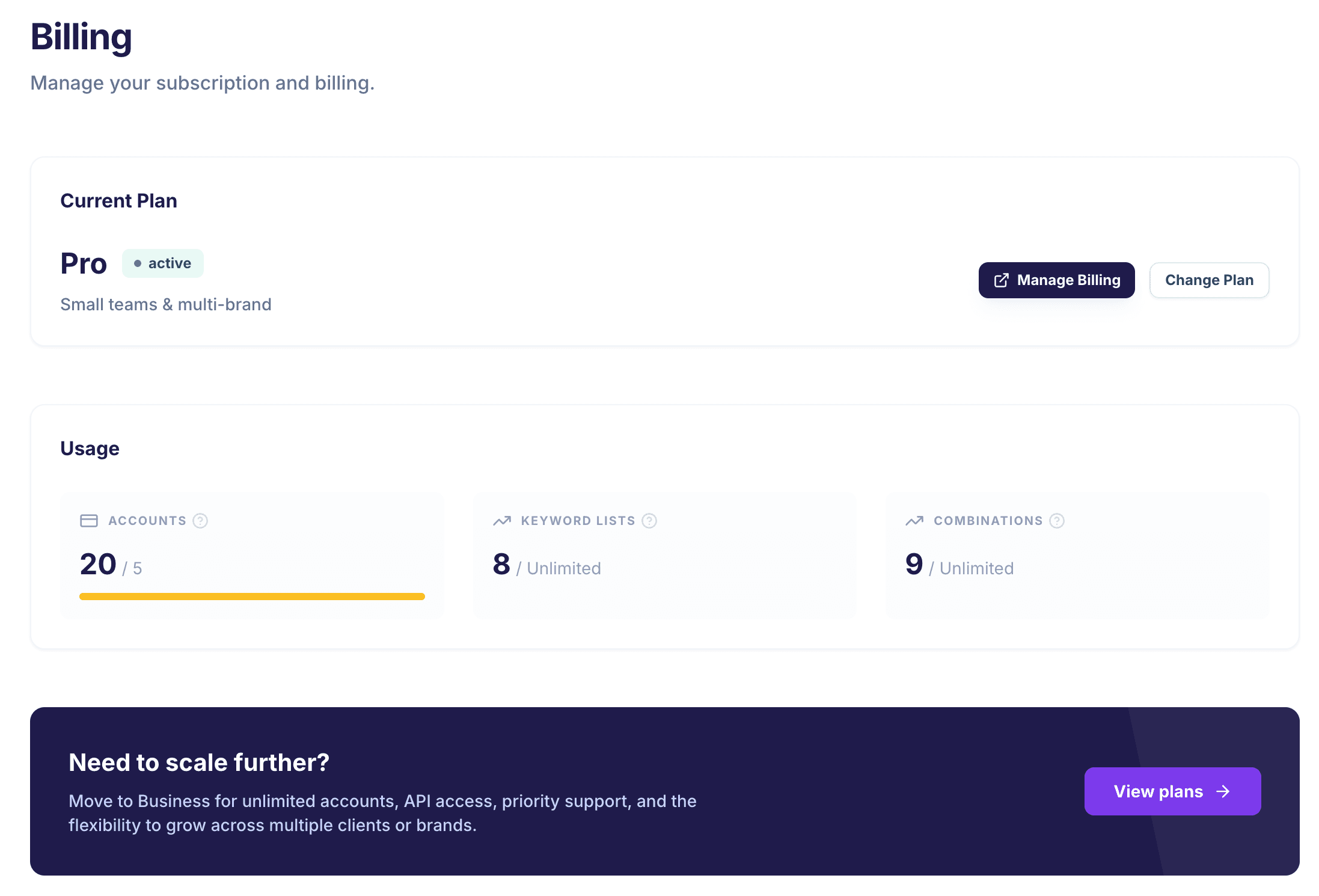Screenshot of the billing page showing current plan and usage