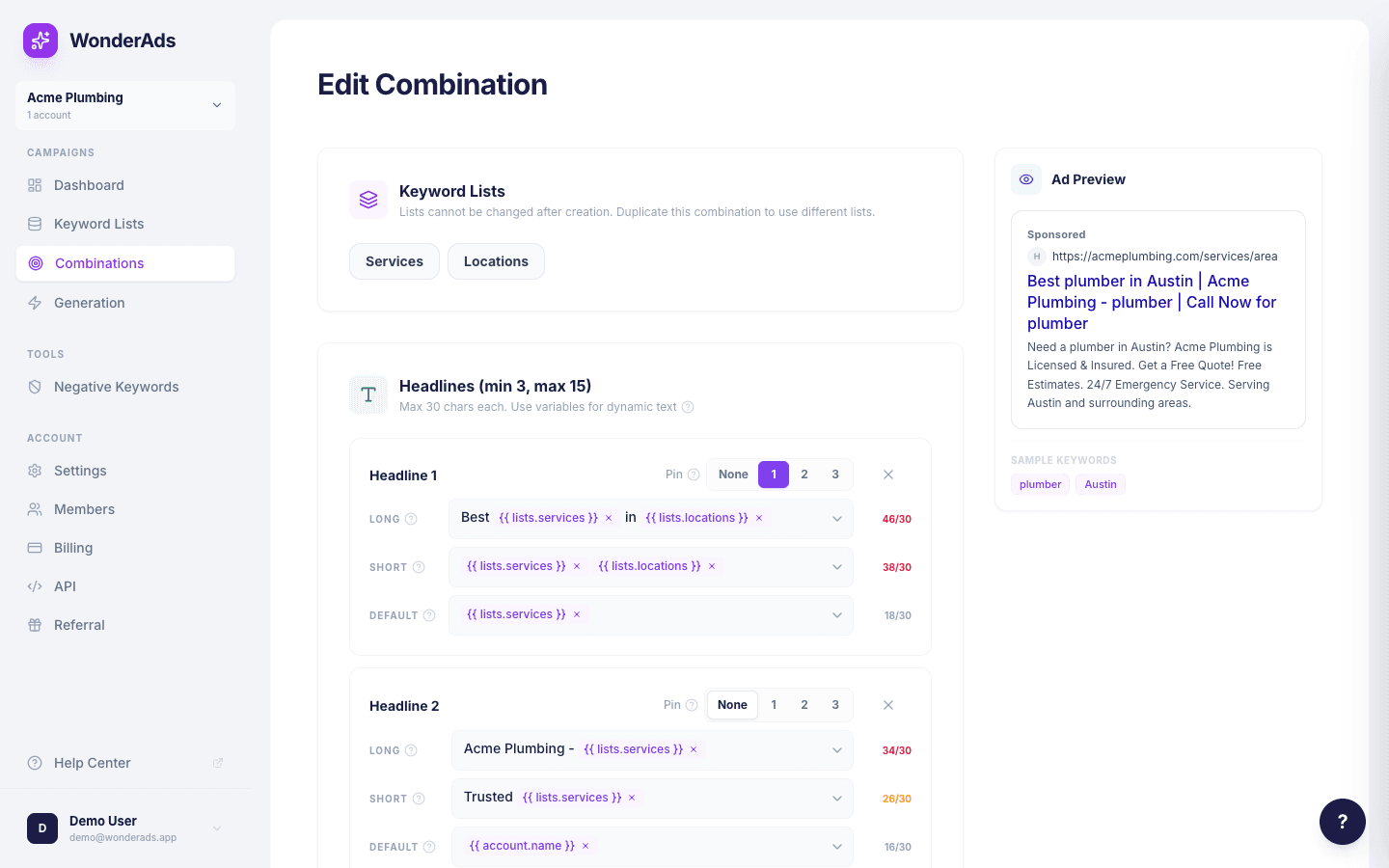 Screenshot showing headline variants in the asset form