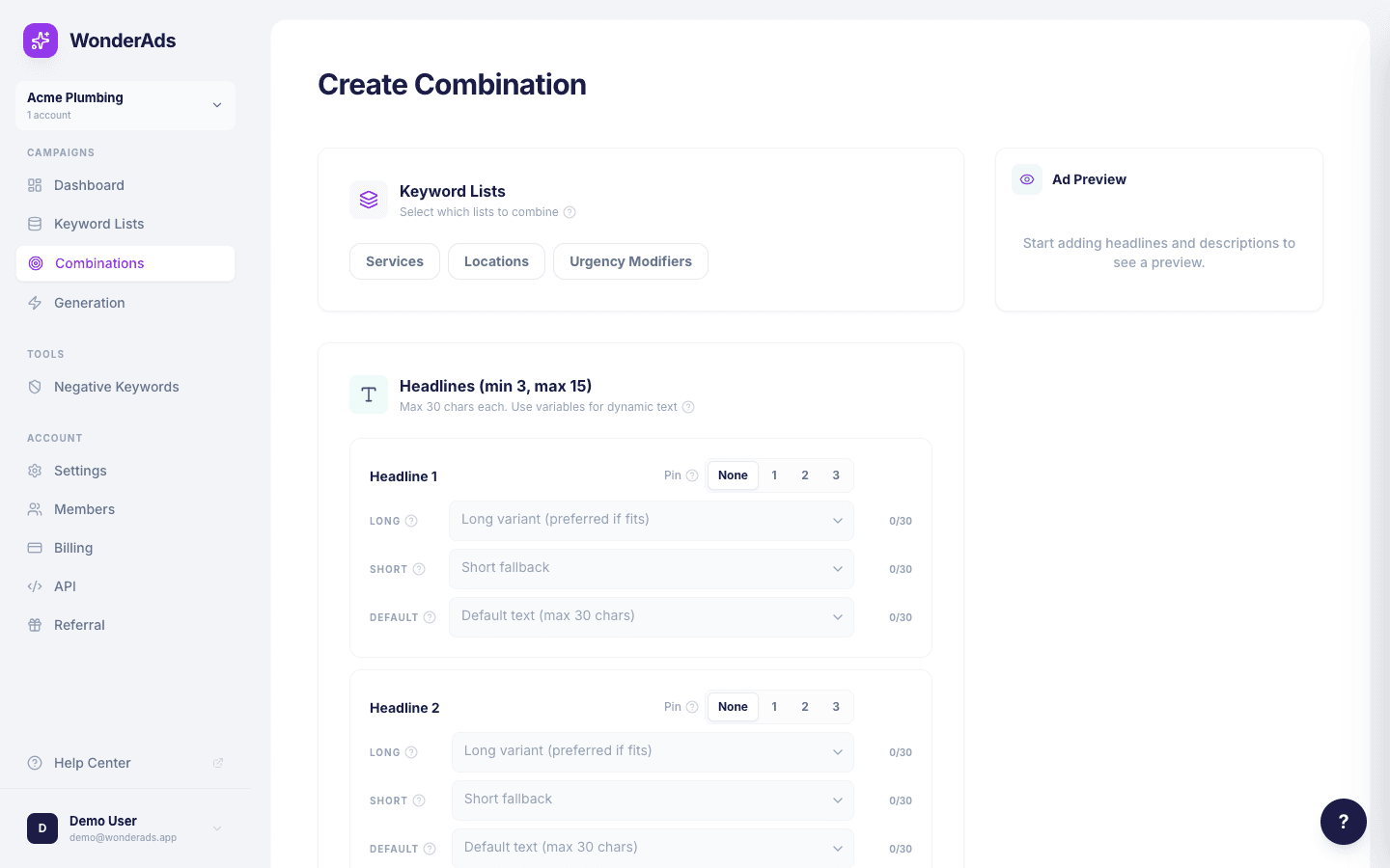 Screenshot of the combination creation form with headline variants