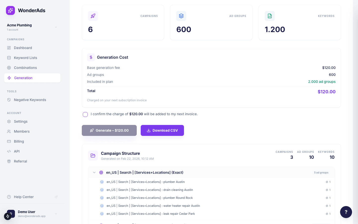 Screenshot of the campaign structure preview after generation