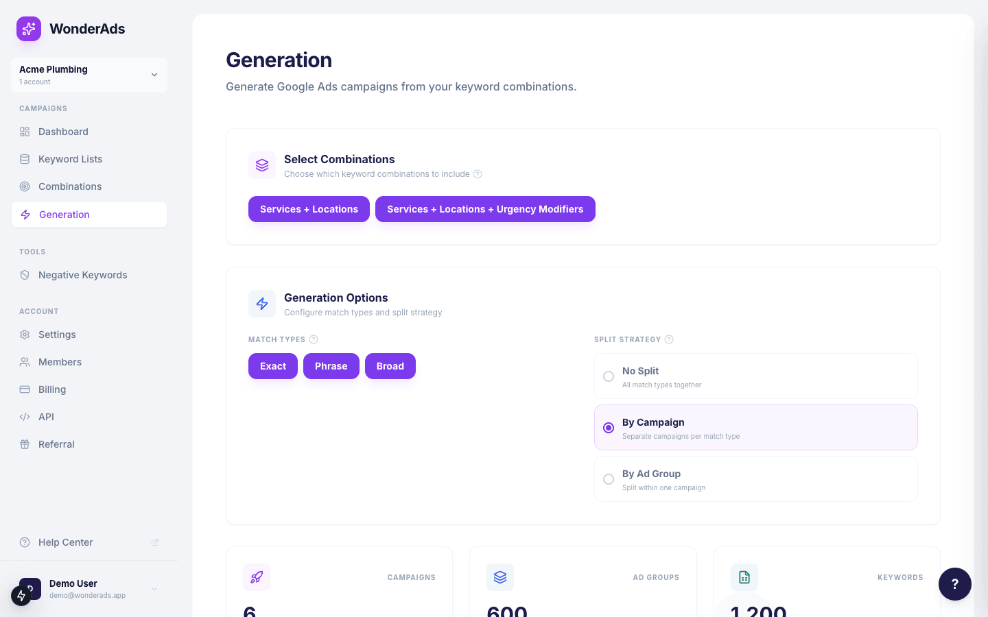 Screenshot of match types and split strategy options on the Generation page