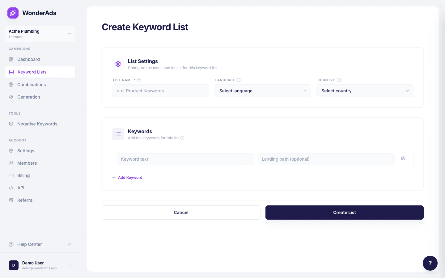 Screenshot of the keyword list creation form with keywords and synonyms