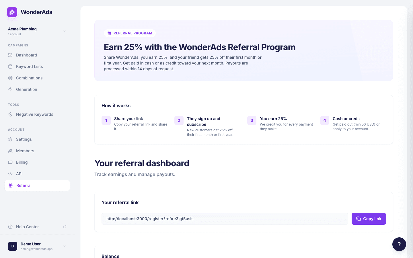 Screenshot of the referral program page showing the referral link and earnings dashboard