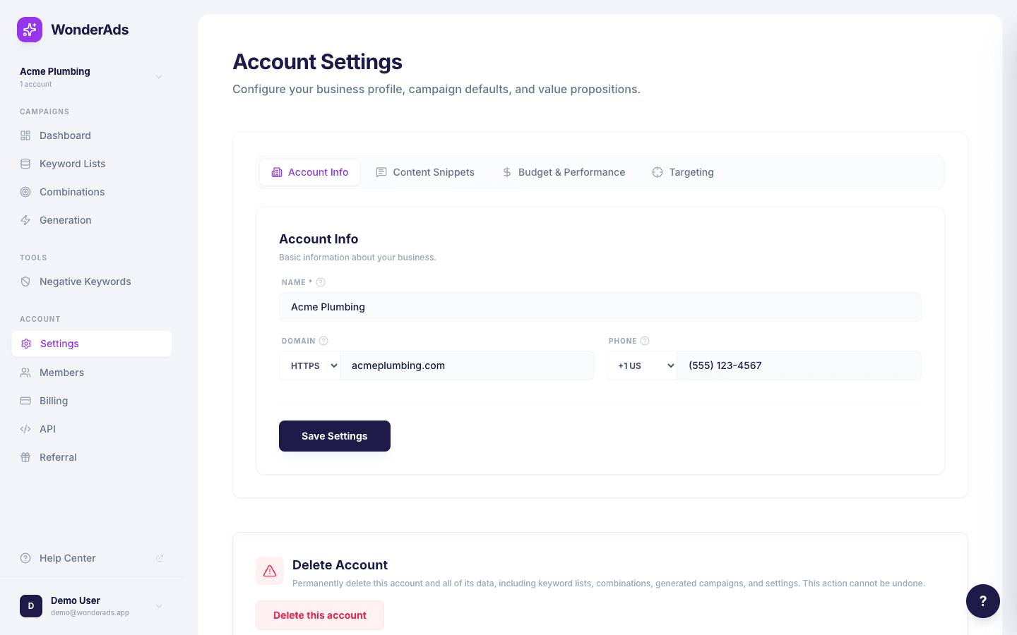 Screenshot of the account settings page with tabbed layout