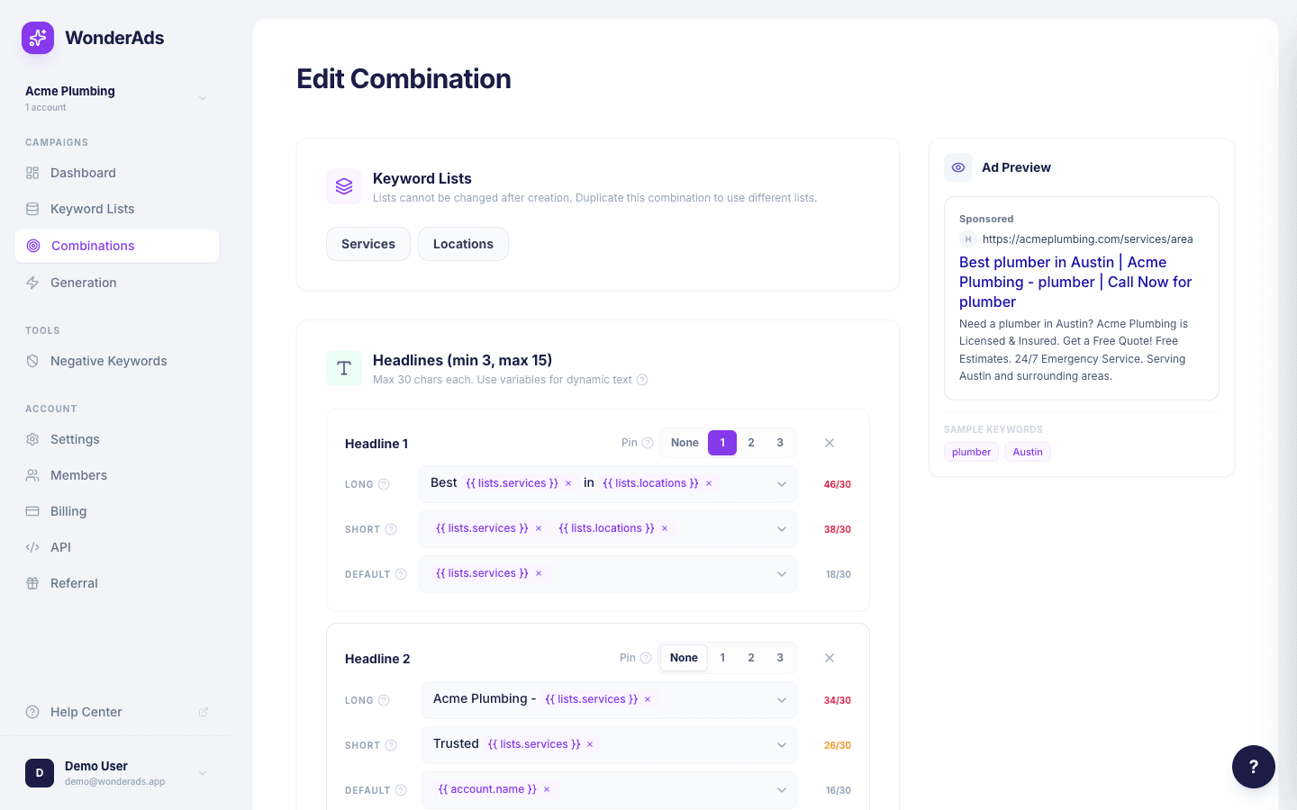 Screenshot showing variable substitution in a headline with variant fallback