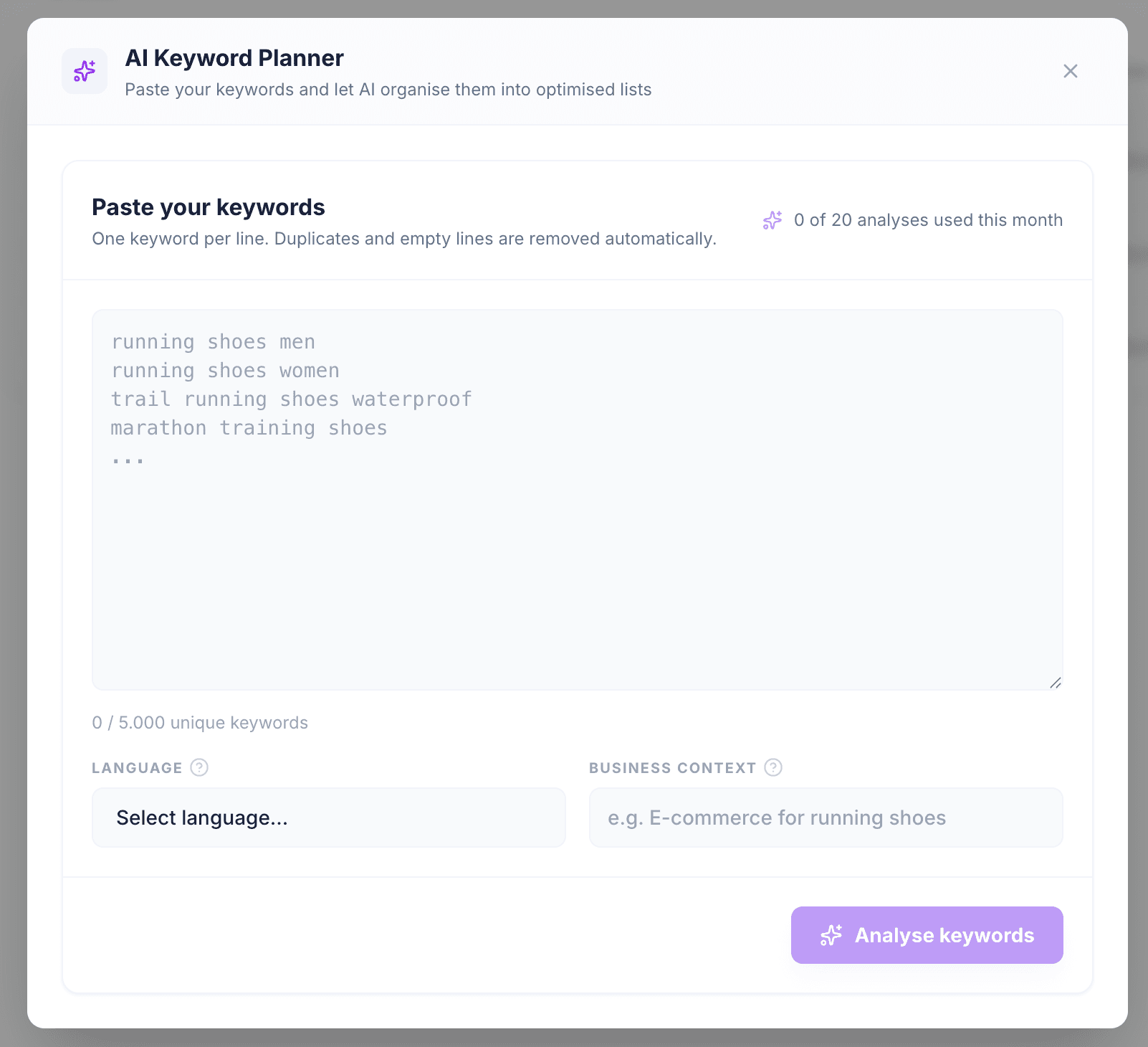 Screenshot of the AI Planner keyword input step with text area and options